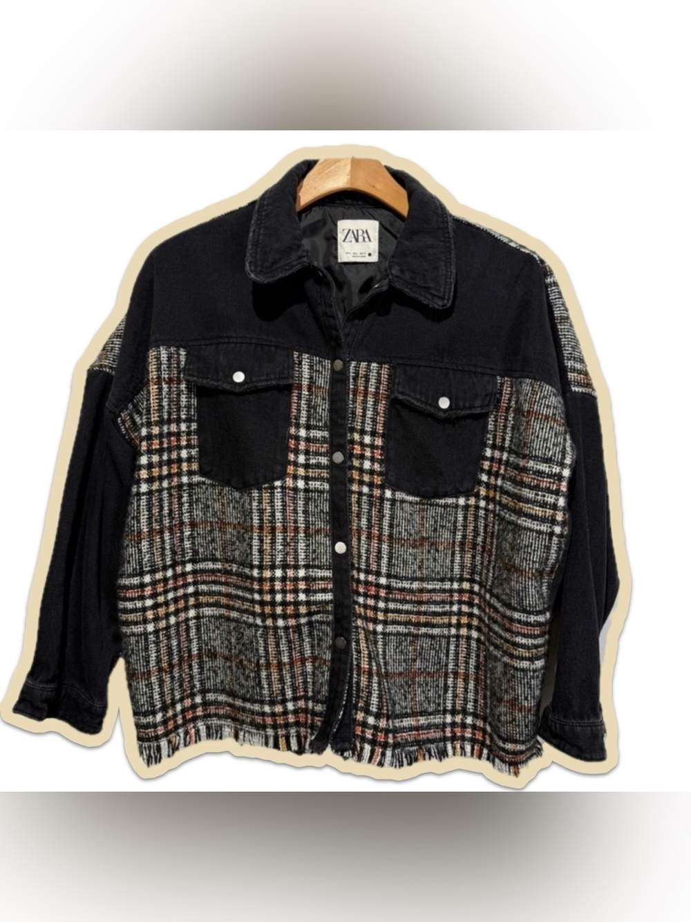 ZARA  Black Denim Tweed Plaid Shacket Shirt Jacket Snap Front Wool Blend Sz L